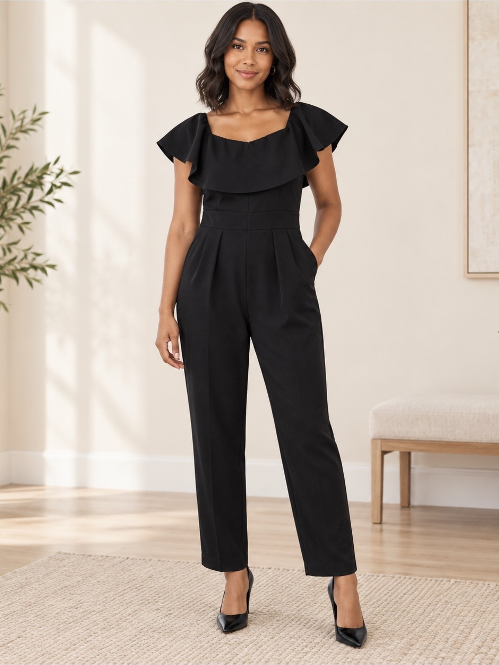 Eliza J Black Off Shoulder Ruffle Jumpsuit Size 2 Cocktail Wedding Guest